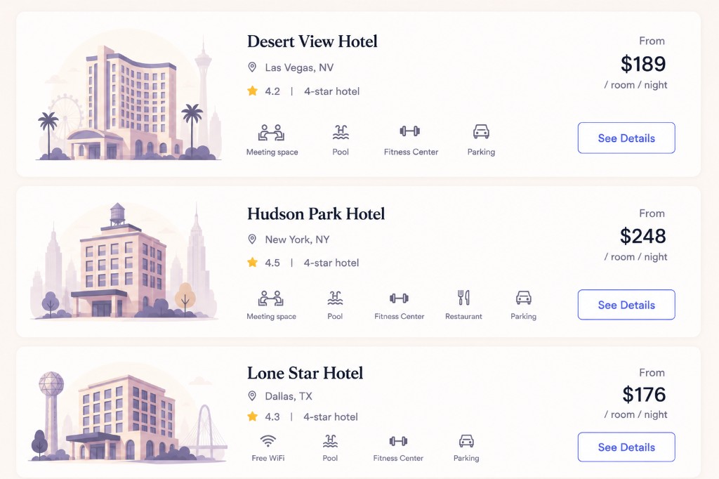 Illustrated hotel option cards for comparing tailored group stays